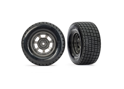 TRA10473X Dirt Oval Gray Front Wheels w/ Hoosier Tires (2)-WHEELS AND TIRES-Mike's Hobby