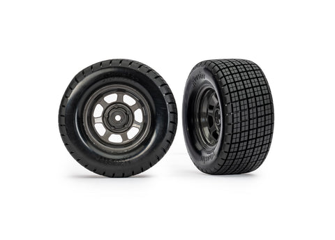 TRA10474X Dirt Oval Gray Rear Wheels w/ Hoosier Tires (2)-WHEELS AND TIRES-Mike's Hobby