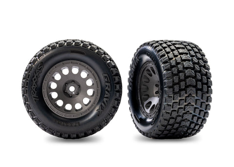 TRA10775-GRAY Gray Rear Mini XRT Wheels w/ Gravix Tires (2)-WHEELS AND TIRES-Mike's Hobby