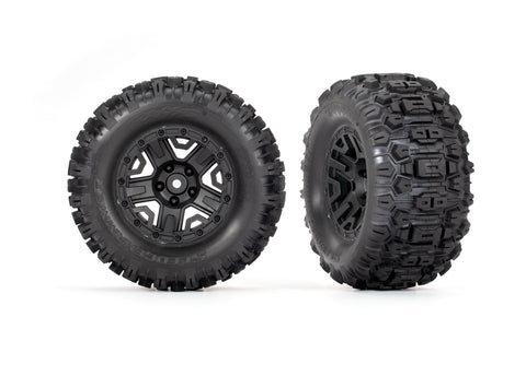 TRA3778 Tires & wheels, assembled, glued (black 2.8" wheels, Sledgehammer® tires, foam inserts) (electric rear) (2) (TSM® rated)-WHEELS AND TIRES-Mike's Hobby