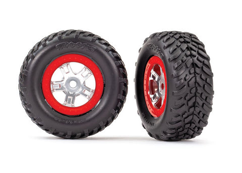 TRA7073A SCT Pre-Mounted Tires & Wheels w/Red Beadlock (Satin Chrome) (2)-WHEELS AND TIRES-Mike's Hobby