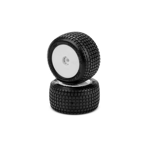 JCO4120-1221 JConcepts 1/16 Dirt Trac Mini Rear Pre-Mounted 2WD Buggy Tires, White Wheels, Green Compound (2)-WHEELS AND TIRES-Mike's Hobby