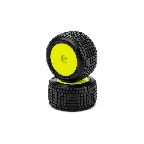JCO4120-2221 JConcepts 1/16 Dirt Trac Mini Rear Pre-Mounted 2WD Buggy Tires, Yellow Wheels, Green Compound (2)-WHEELS AND TIRES-Mike's Hobby