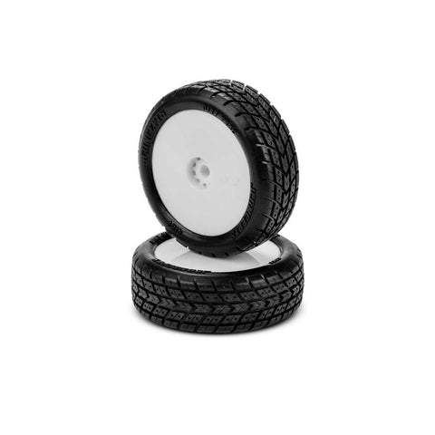 JCO4121-1211 JConcepts 1/16 Dirt Trac Mini Front Pre-Mounted 2WD Buggy Tires, White Wheels, Green Compound (2)-WHEELS AND TIRES-Mike's Hobby