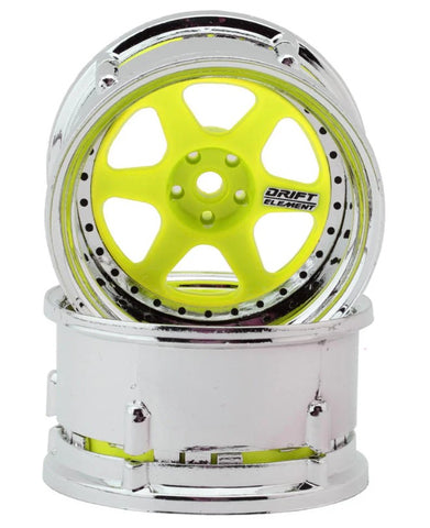 DSC-DE-230 DS Racing Drift Element 6 Spokes Drift Wheel (Flu Yellow/Chrome Lip/Black Rivet) (Adjustable Offset) (2) w/12mm Hex-WHEELS AND TIRES-Mike's Hobby
