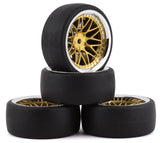 YEA-WL-0099 Yeah Racing Spec D Pre-Mounted Drift Tires w/LS Mesh Wheels (Chrome/Gold) (4) w/12mm Hex & 6mm Offset-WHEELS AND TIRES-Mike's Hobby