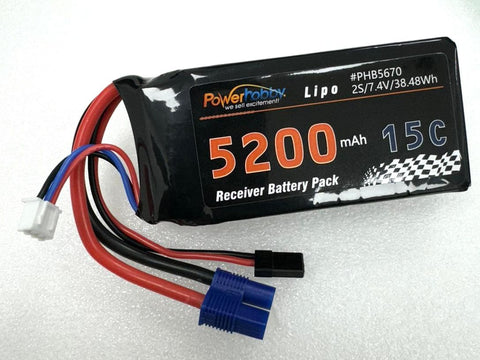 PHB5670 PowerHobby 2S 5200mah 15C LiPo Battery w/EC3 & JR Connector Receiver Pack-LiPo Battery-Mike's Hobby